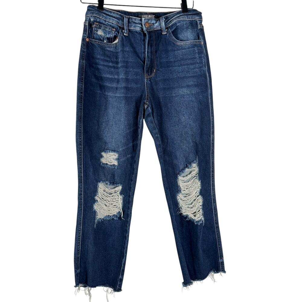Judy Blue Straight Fit Distressed Raw Hem Jeans Dark Wash Blue Ripped Size 7/28 - Picture 2 of 10